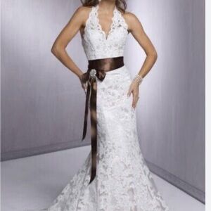 Maggie Sottero Karena - Elegant Lace Halter Dress with custom Gold Sash